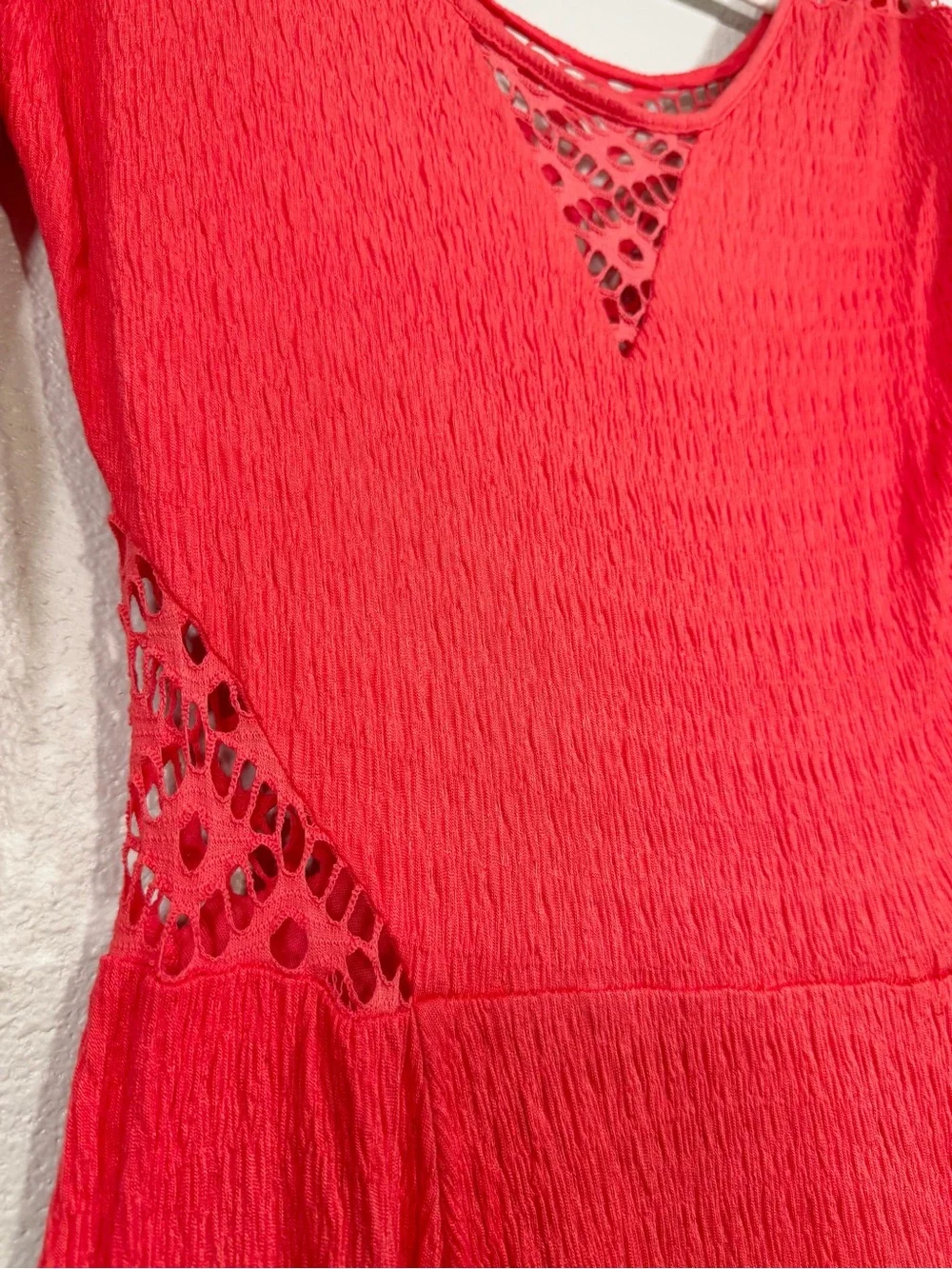 Free People To The Point Dress Coral Red Lace Cut Outs Flare Bohemian Women M